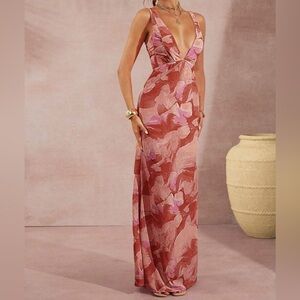 L'Amorae Women's Sexy Deep V Neck Full Print Dress